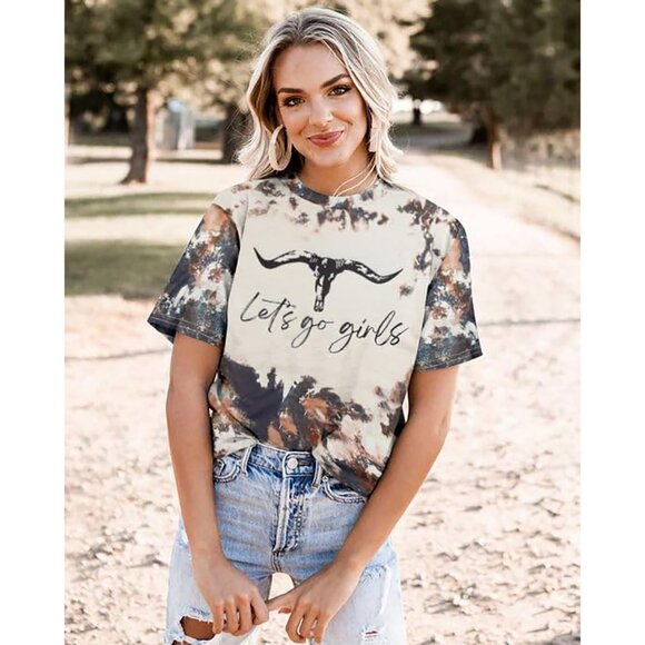 🆕 Women Grey Retro Western Bull Skull Bleached Country Music Tees Rodeo T Shirt - Picture 2 of 3